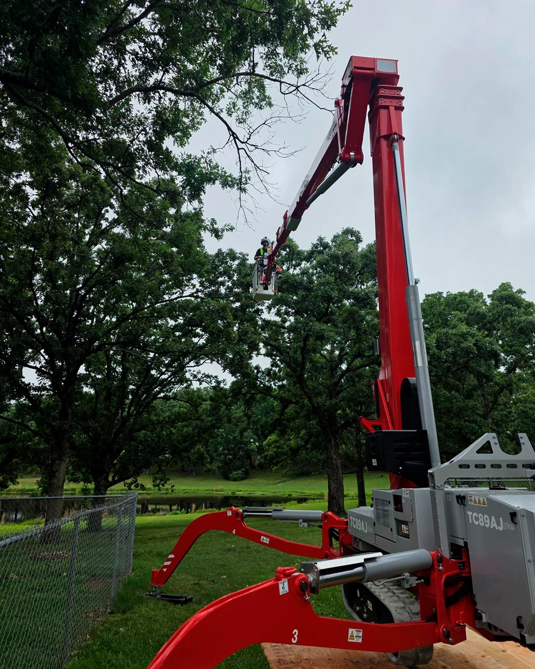 Tracked spider lift reaching into the tree canopy